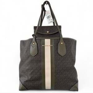 MICHAEL Michael Kors Eva Large Signature Logo Stripe Tote Shoulder Bag Brown